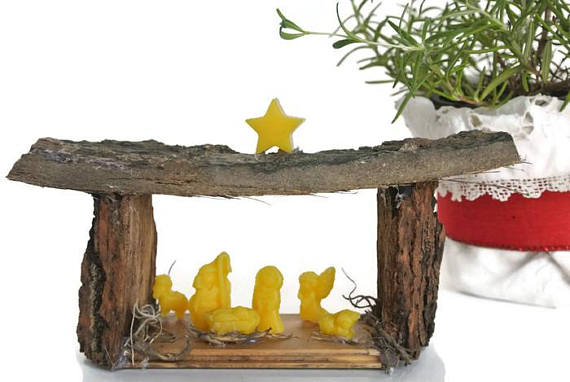 Lovely miniature nativity made from tree bark and beeswax